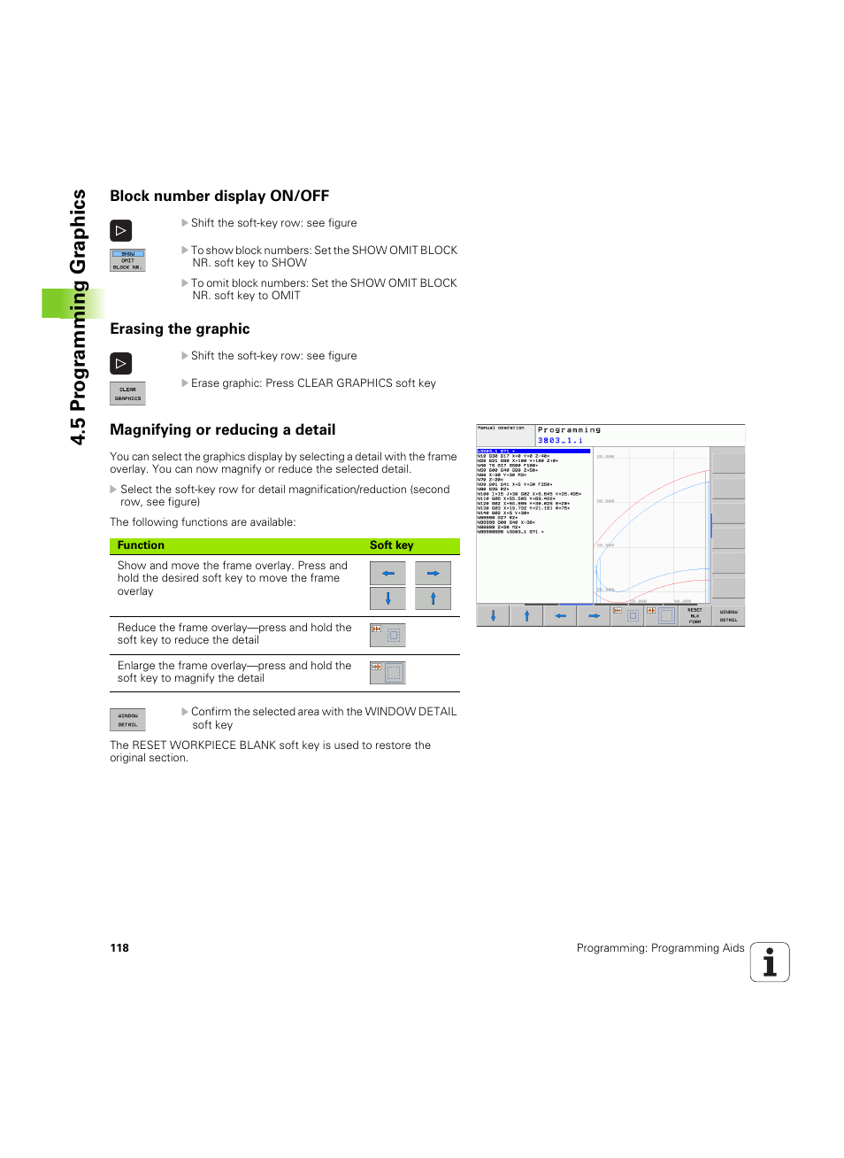 Block number display on/off, Erasing the graphic, Magnifying or reducing a detail | 5 pr ogr amming gr aphics | HEIDENHAIN TNC 620 (340 56x-03) ISO programming User Manual | Page 118 / 491