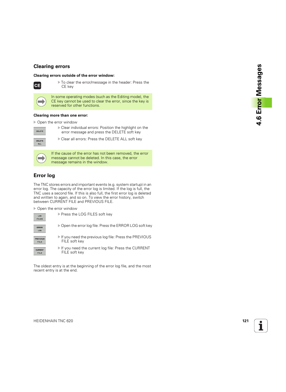 Clearing errors, Error log, 6 er ror messag es | HEIDENHAIN TNC 620 (340 56x-03) ISO programming User Manual | Page 121 / 491