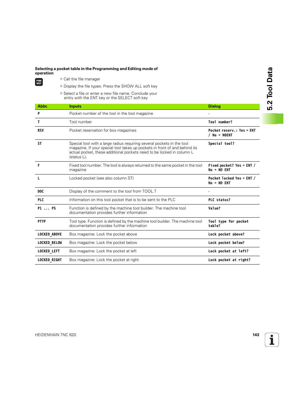 2 t ool d a ta | HEIDENHAIN TNC 620 (340 56x-03) ISO programming User Manual | Page 143 / 491