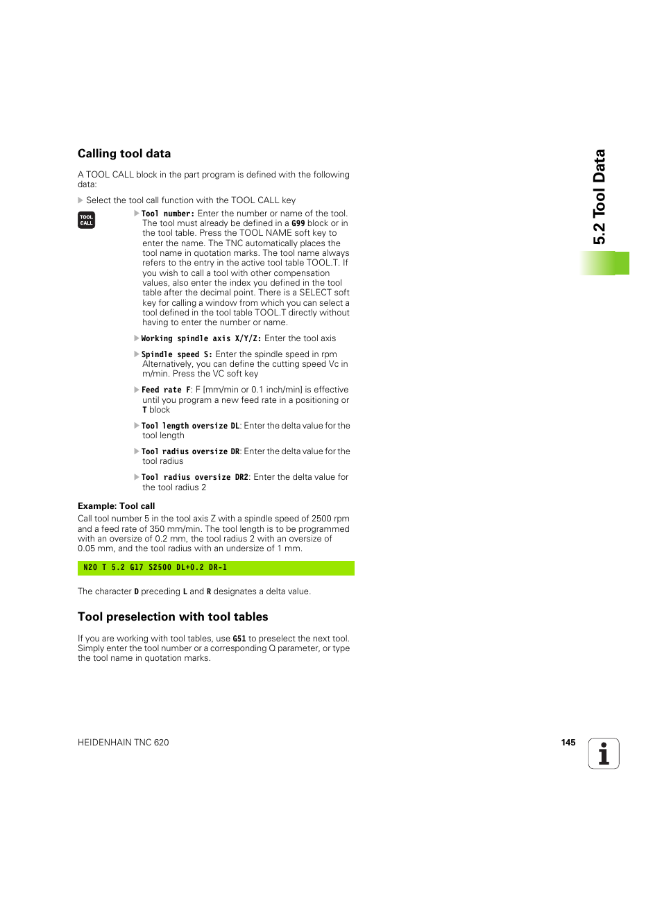 Calling tool data, Tool preselection with tool tables, 2 t ool d a ta | HEIDENHAIN TNC 620 (340 56x-03) ISO programming User Manual | Page 145 / 491