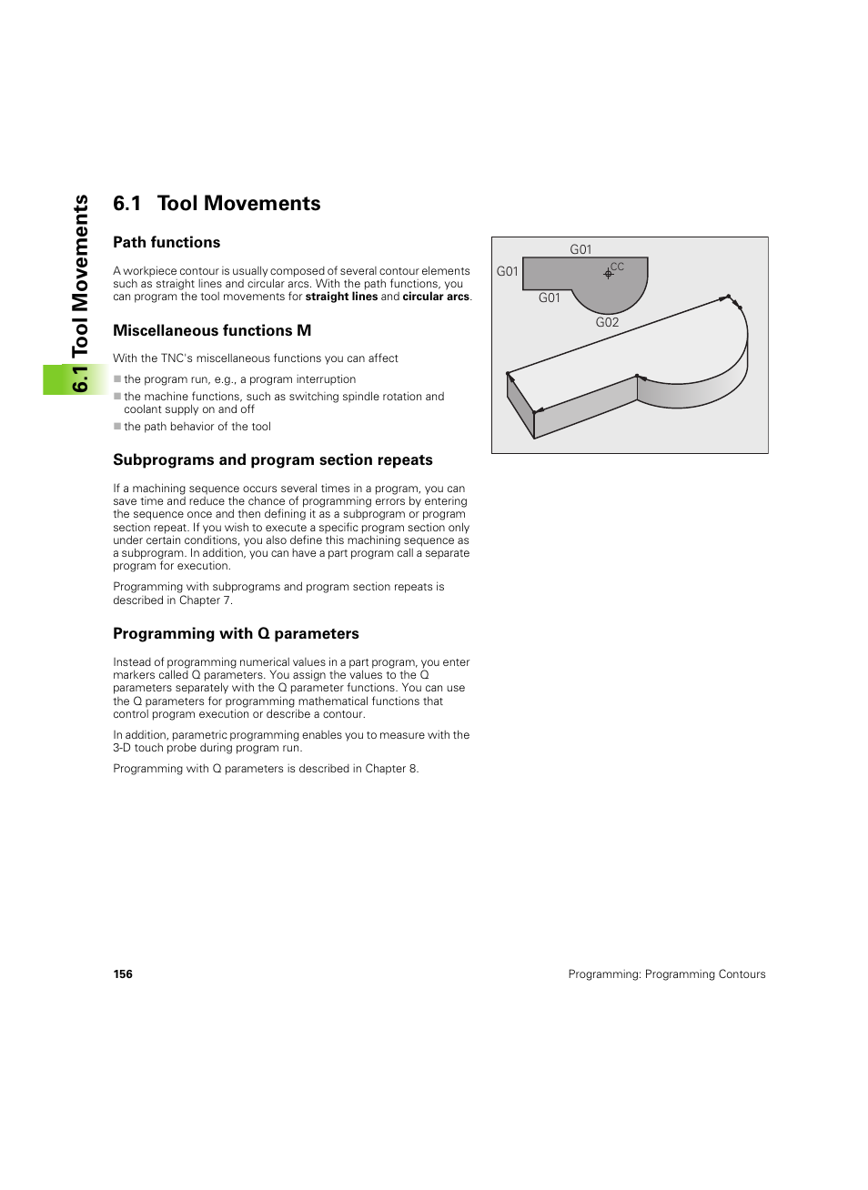1 tool movements, Path functions, Miscellaneous functions m | Subprograms and program section repeats, Programming with q parameters, 1 t ool mo v e ments 6.1 tool movements | HEIDENHAIN TNC 620 (340 56x-03) ISO programming User Manual | Page 156 / 491
