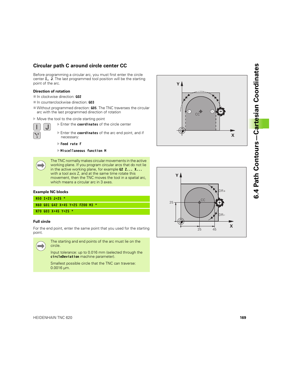 Circular path c around circle center cc, 4 p a th cont ours—car te sian coor dinat e s | HEIDENHAIN TNC 620 (340 56x-03) ISO programming User Manual | Page 169 / 491