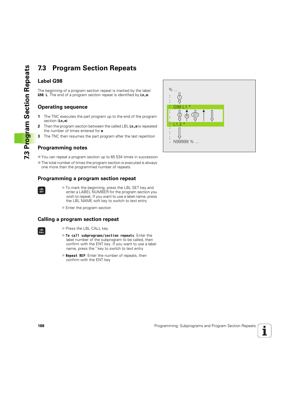 3 program section repeats, Label g98, Operating sequence | Programming notes, Programming a program section repeat, Calling a program section repeat | HEIDENHAIN TNC 620 (340 56x-03) ISO programming User Manual | Page 188 / 491