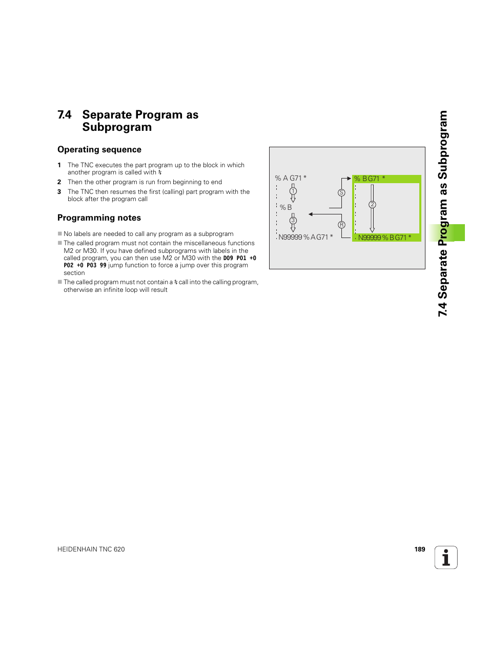 4 separate program as subprogram, Operating sequence, Programming notes | HEIDENHAIN TNC 620 (340 56x-03) ISO programming User Manual | Page 189 / 491