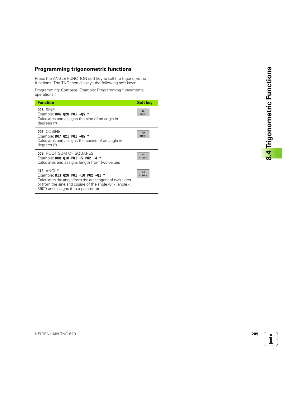 Programming trigonometric functions, 4 t rig onometr ic f unctions | HEIDENHAIN TNC 620 (340 56x-03) ISO programming User Manual | Page 209 / 491