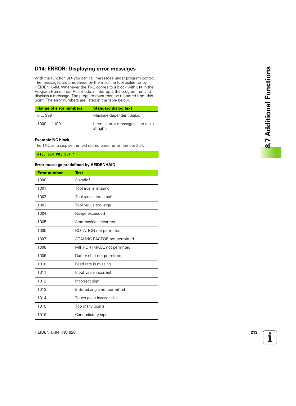 D14: error: displaying error messages, 7 a d ditional f unctions | HEIDENHAIN TNC 620 (340 56x-03) ISO programming User Manual | Page 213 / 491