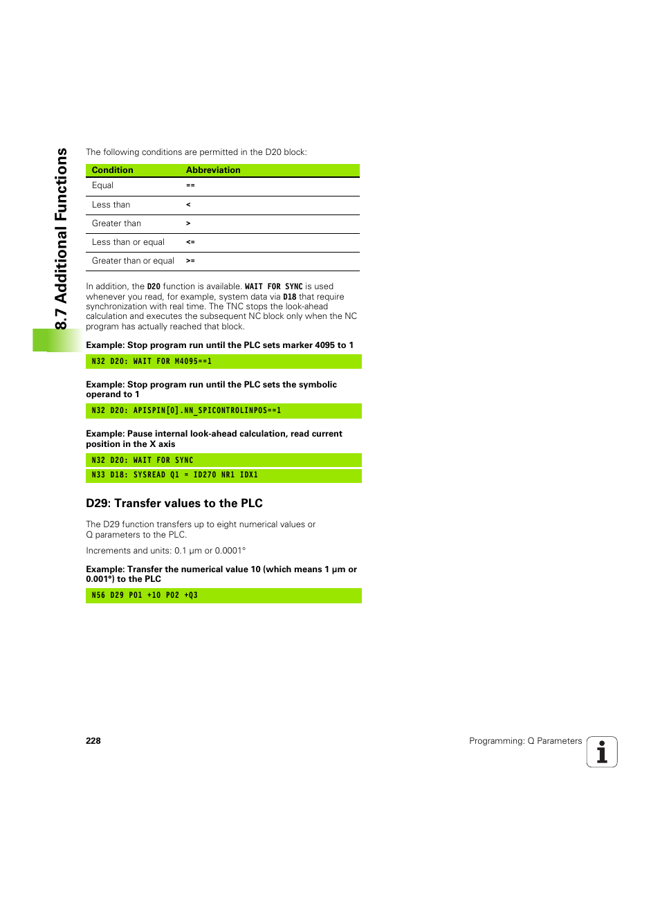 D29: transfer values to the plc, 7 a d ditional f unctions | HEIDENHAIN TNC 620 (340 56x-03) ISO programming User Manual | Page 228 / 491