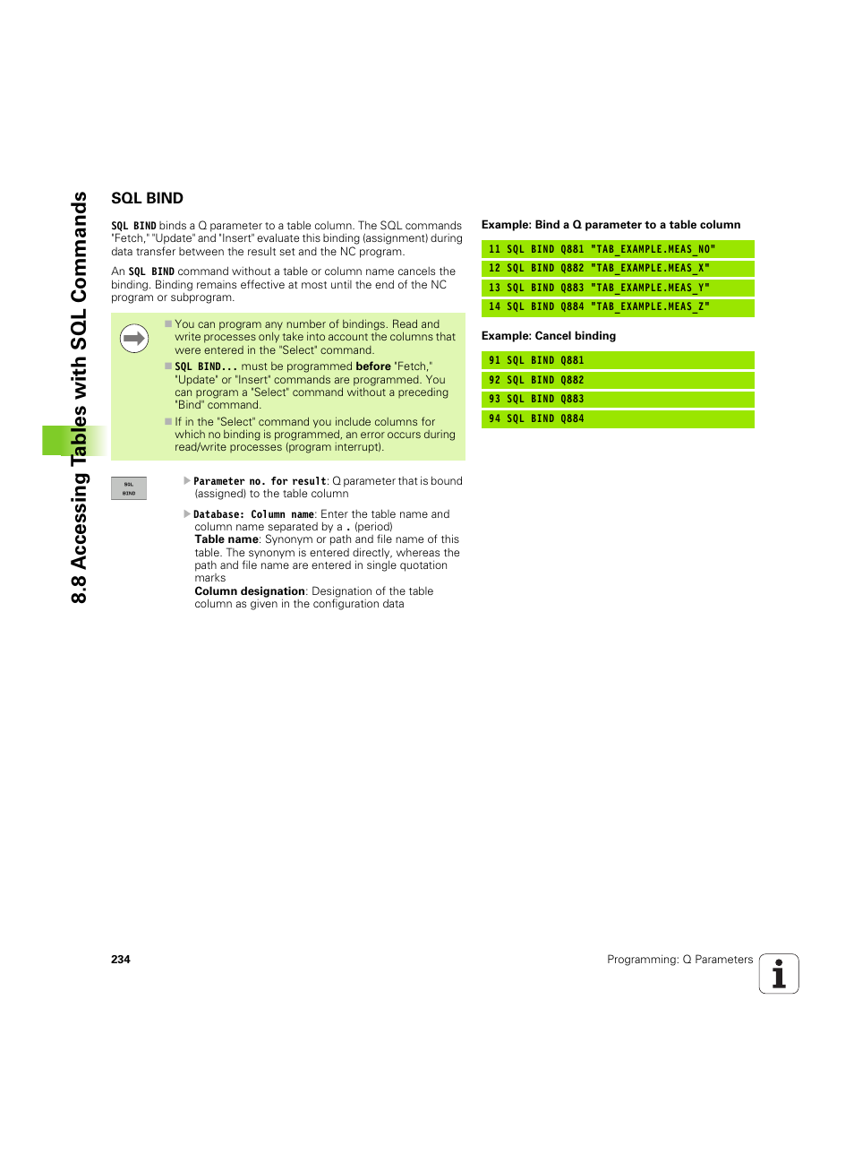 Sql bind, 8 a c cessing t a bles with sql commands | HEIDENHAIN TNC 620 (340 56x-03) ISO programming User Manual | Page 234 / 491