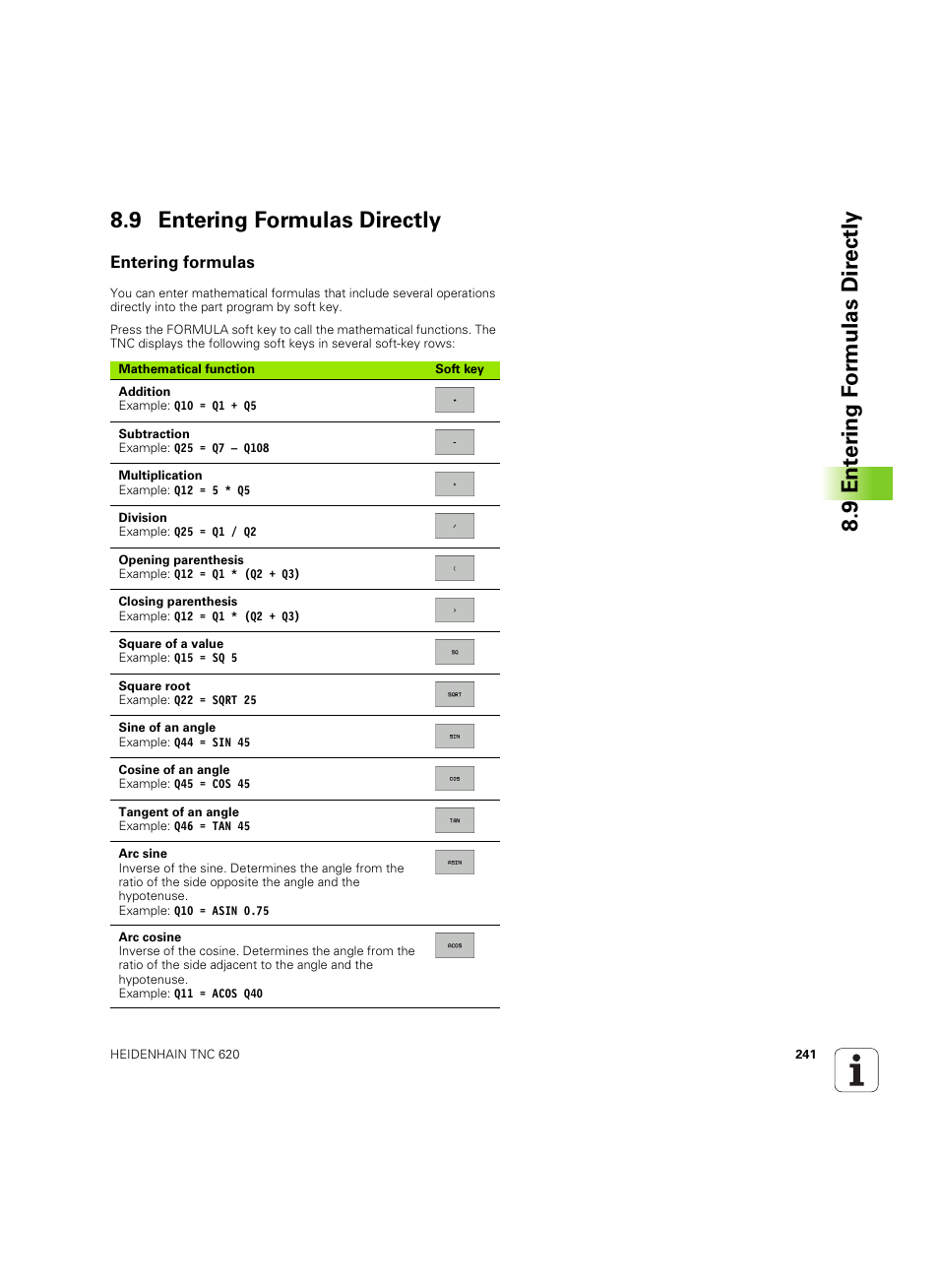 9 entering formulas directly, Entering formulas | HEIDENHAIN TNC 620 (340 56x-03) ISO programming User Manual | Page 241 / 491