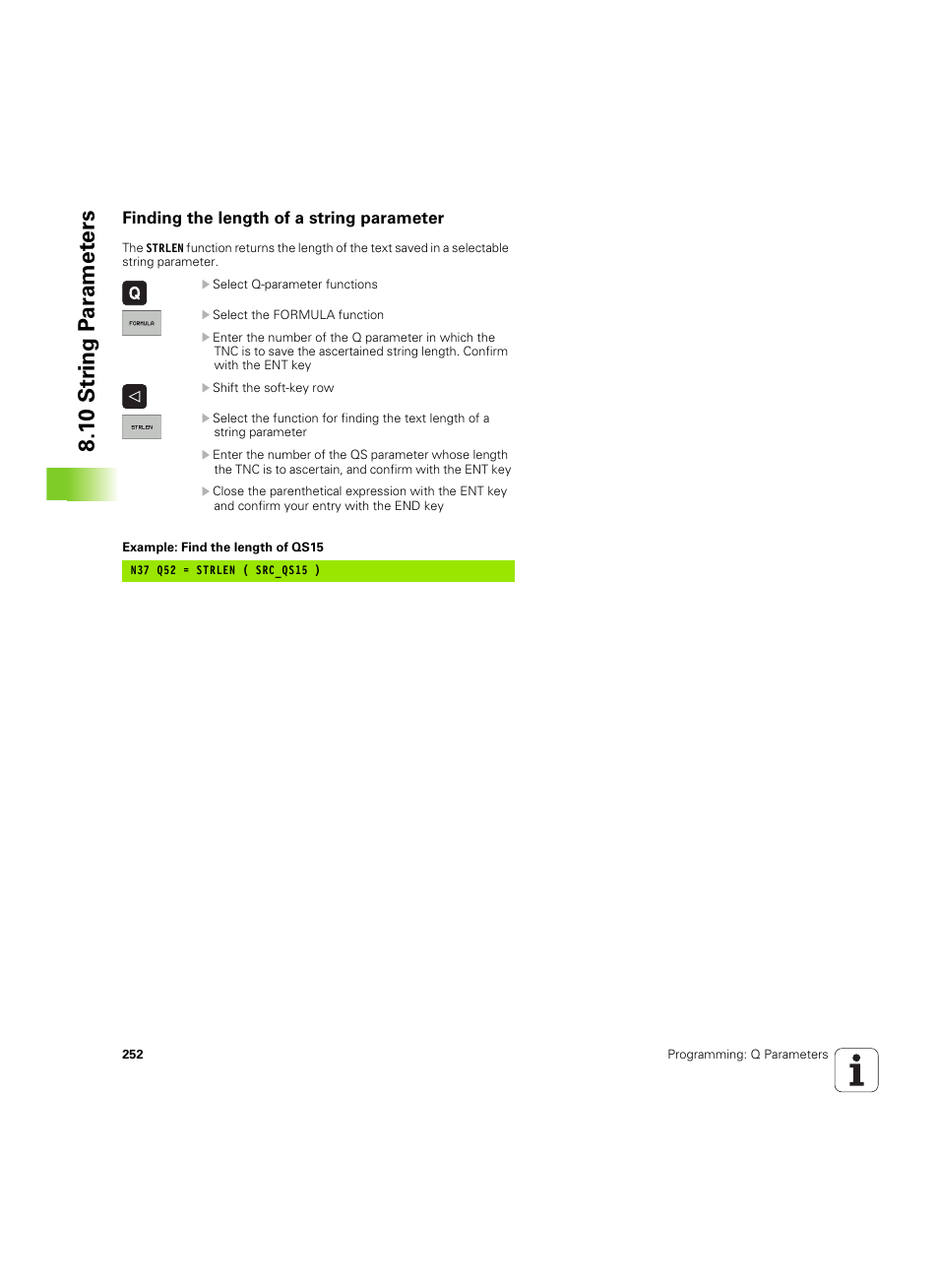Finding the length of a string parameter, 1 0 str ing p a ra met e rs | HEIDENHAIN TNC 620 (340 56x-03) ISO programming User Manual | Page 252 / 491