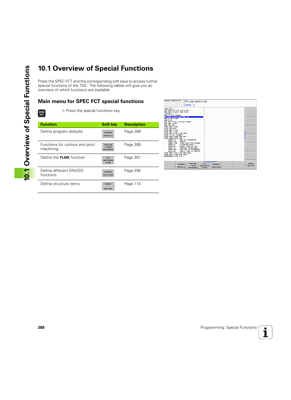 1 overview of special functions, Main menu for spec fct special functions | HEIDENHAIN TNC 620 (340 56x-03) ISO programming User Manual | Page 288 / 491