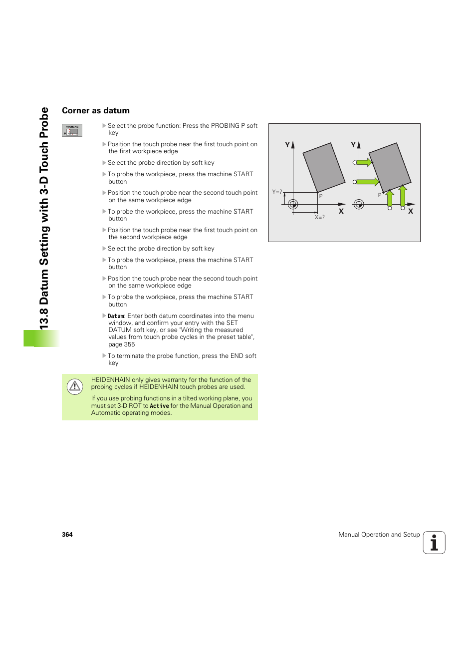 Corner as datum, 8 d a tum set ting with 3-d t o uc h pr obe | HEIDENHAIN TNC 620 (340 56x-03) ISO programming User Manual | Page 364 / 491