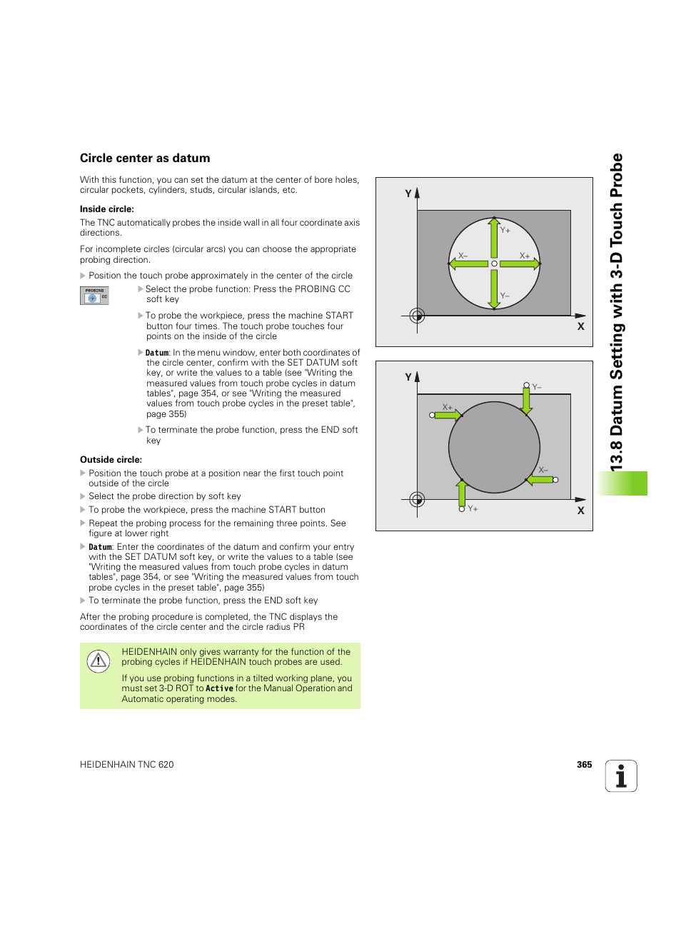 Circle center as datum, 8 d a tum set ting with 3-d t o uc h pr obe | HEIDENHAIN TNC 620 (340 56x-03) ISO programming User Manual | Page 365 / 491