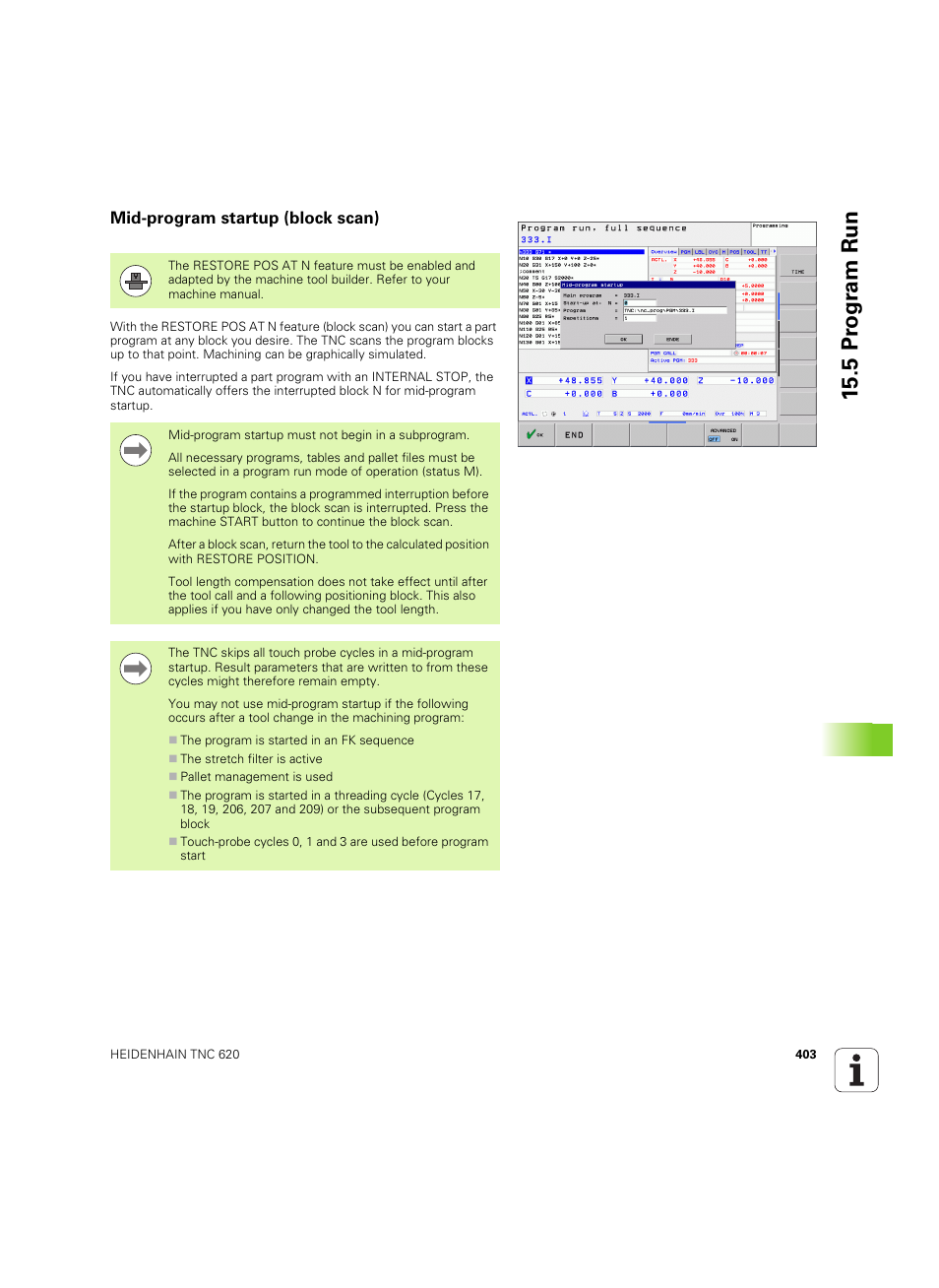 Mid-program startup (block scan), 5 pr ogr am run | HEIDENHAIN TNC 620 (340 56x-03) ISO programming User Manual | Page 403 / 491