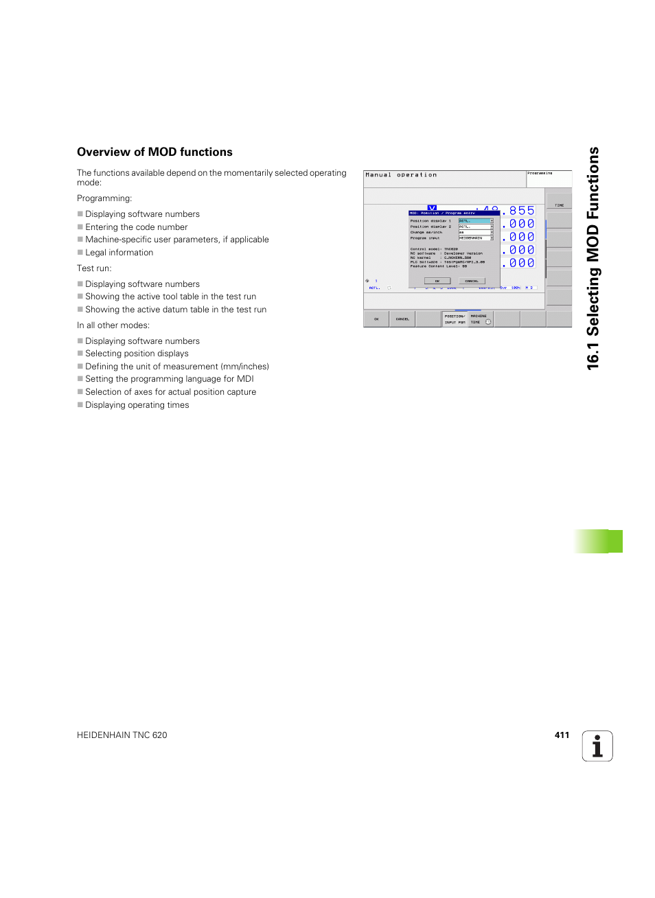 Overview of mod functions, 1 selecting mod f unctions | HEIDENHAIN TNC 620 (340 56x-03) ISO programming User Manual | Page 411 / 491