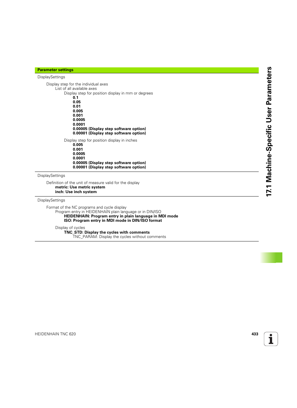 1 mac h ine-specific user p a ra met e rs | HEIDENHAIN TNC 620 (340 56x-03) ISO programming User Manual | Page 433 / 491