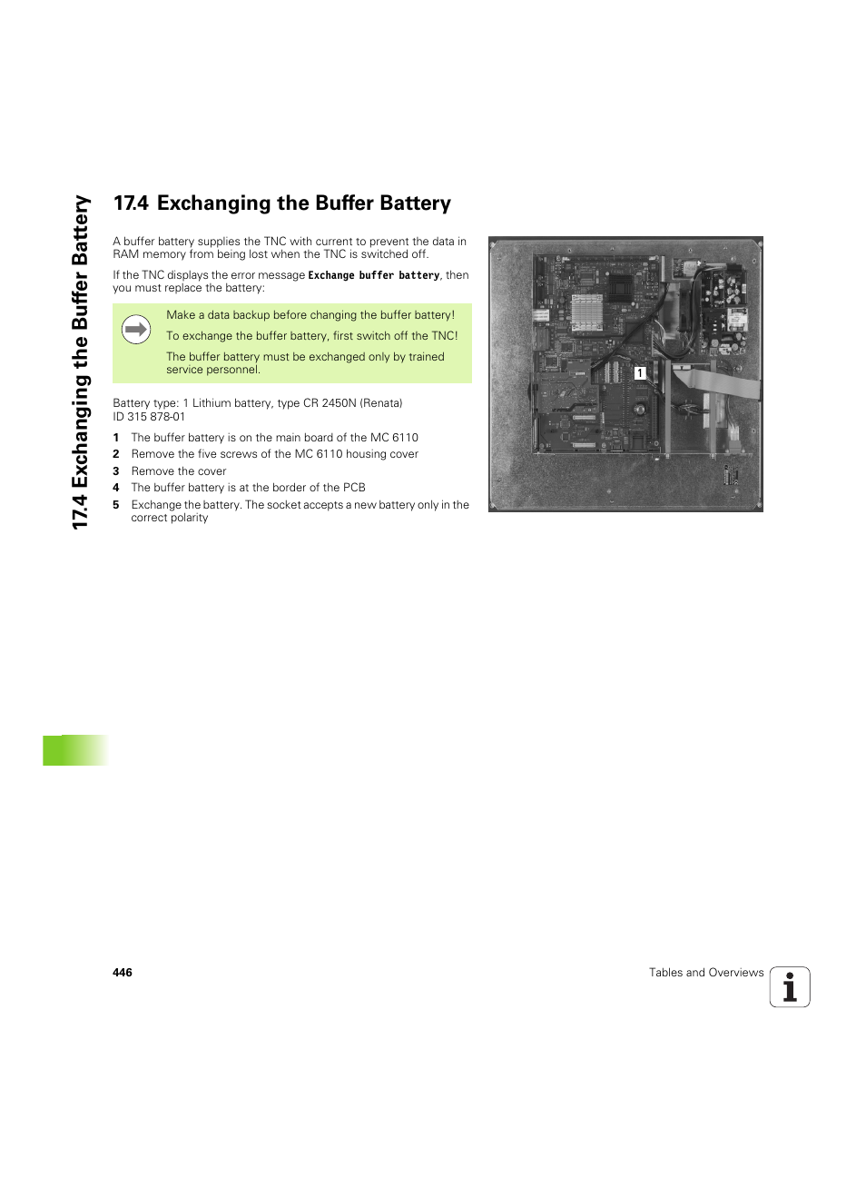 4 exchanging the buffer battery | HEIDENHAIN TNC 620 (340 56x-03) ISO programming User Manual | Page 446 / 491