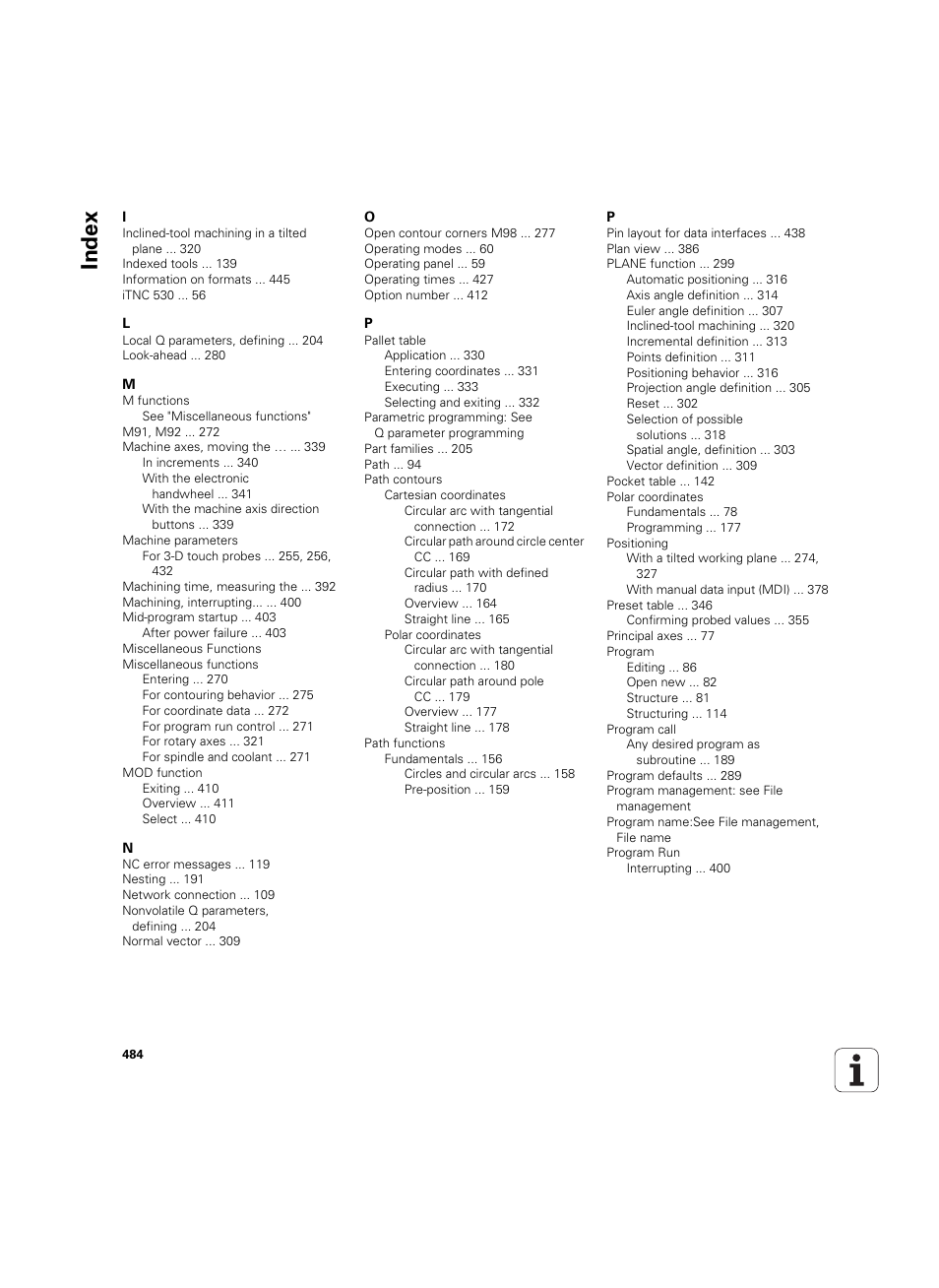 Index | HEIDENHAIN TNC 620 (340 56x-03) ISO programming User Manual | Page 484 / 491