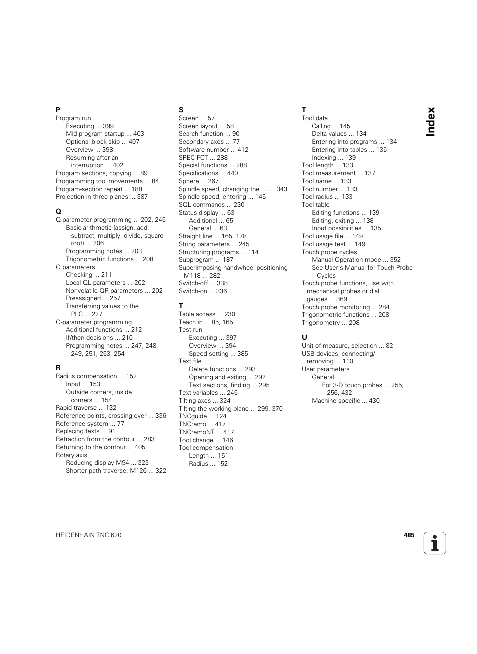 Index | HEIDENHAIN TNC 620 (340 56x-03) ISO programming User Manual | Page 485 / 491