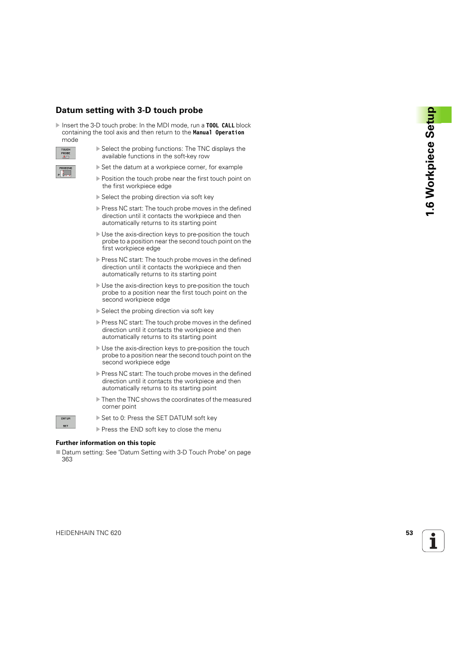 Datum setting with 3-d touch probe, 6 w o rkpiece set u p | HEIDENHAIN TNC 620 (340 56x-03) ISO programming User Manual | Page 53 / 491