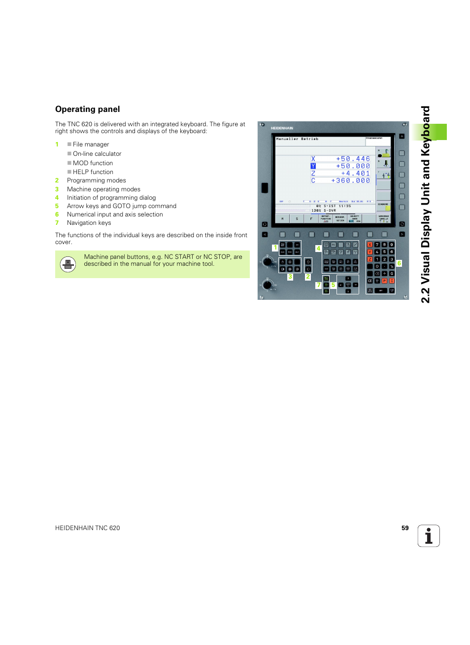 Operating panel, 2 v isual displa y unit and k e yboar d | HEIDENHAIN TNC 620 (340 56x-03) ISO programming User Manual | Page 59 / 491