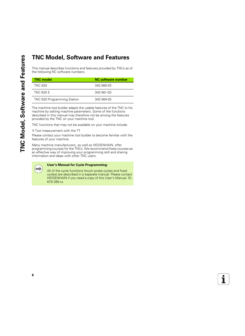 Tnc model, software and features | HEIDENHAIN TNC 620 (340 56x-03) ISO programming User Manual | Page 6 / 491