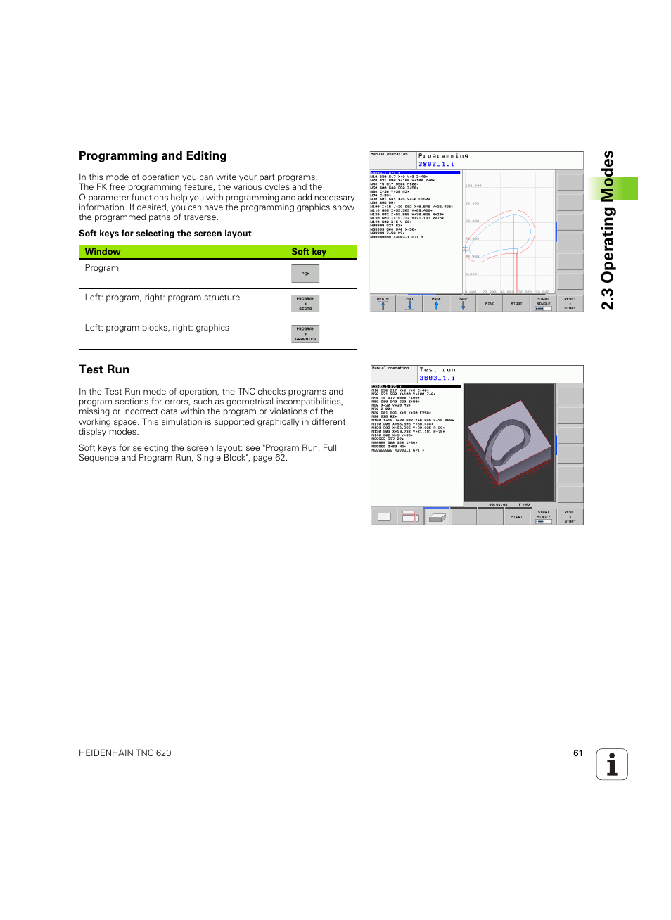 Programming and editing, Test run, 3 oper ating modes | HEIDENHAIN TNC 620 (340 56x-03) ISO programming User Manual | Page 61 / 491
