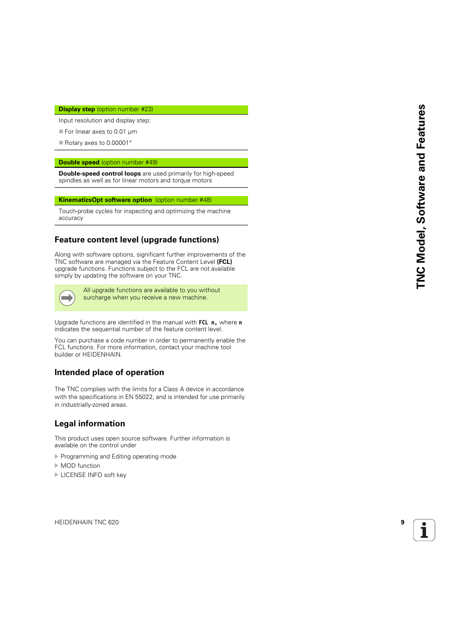 Feature content level (upgrade functions), Intended place of operation, Legal information | Tnc model, sof tw a re and f eat ur es | HEIDENHAIN TNC 620 (340 56x-03) ISO programming User Manual | Page 9 / 491