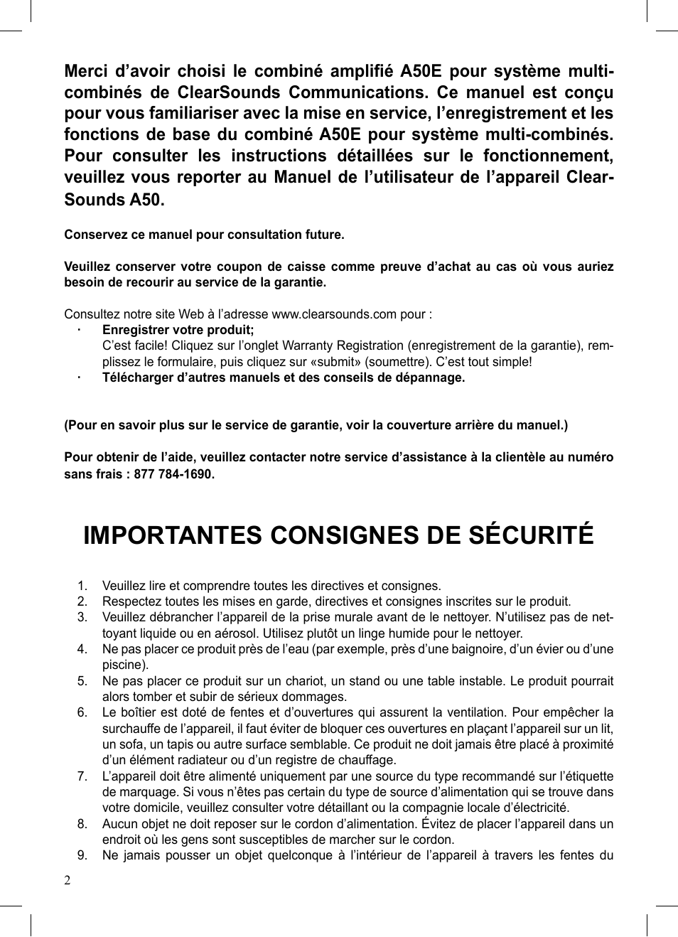 Importantes consignes de sécurité | ClearSounds A50E User Manual | Page 12 / 28