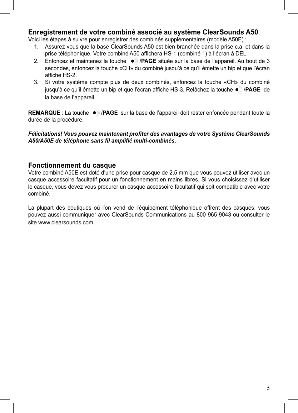 Fonctionnement du casque | ClearSounds A50E User Manual | Page 15 / 28