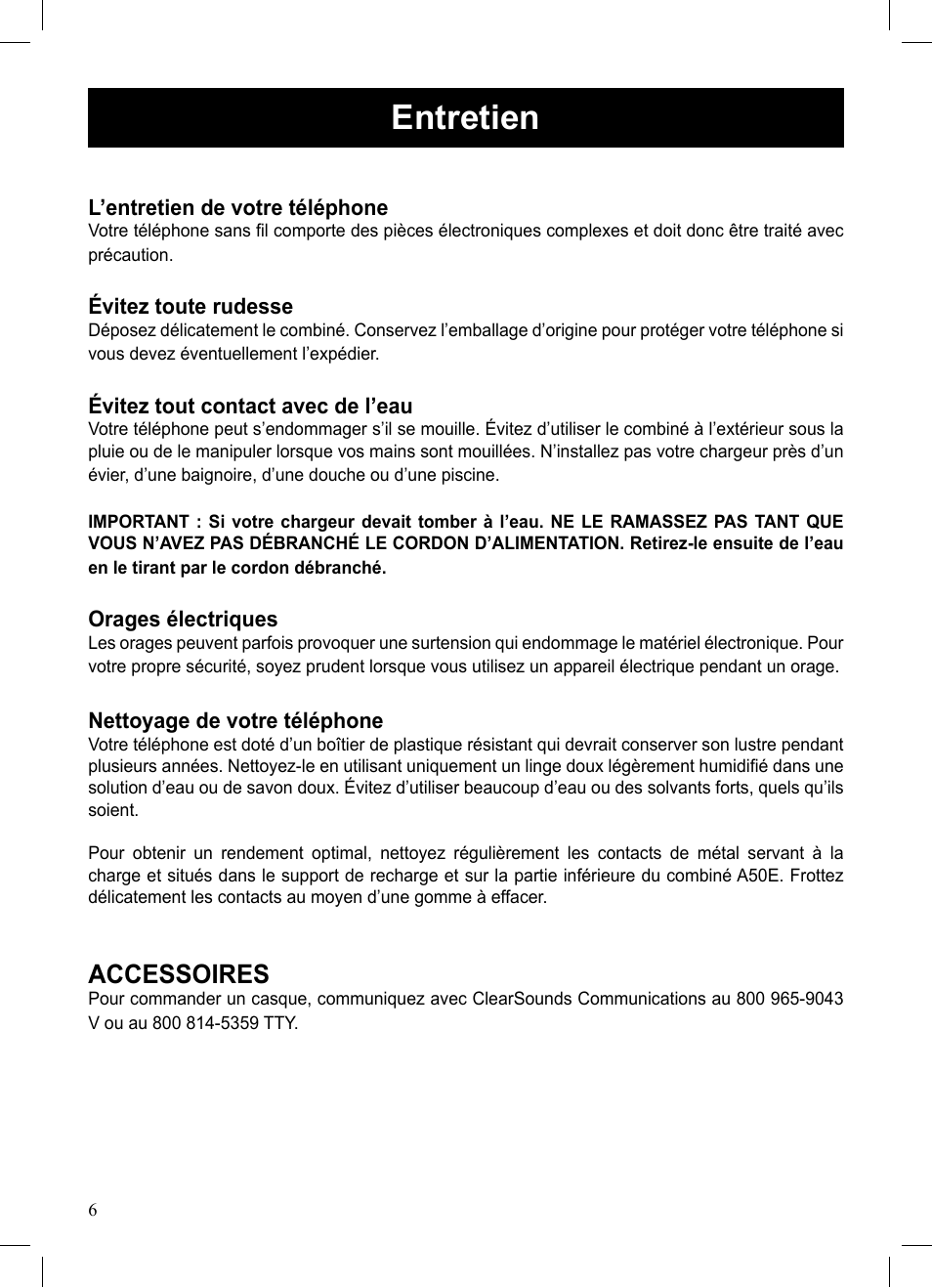 Entretien, Accessoires | ClearSounds A50E User Manual | Page 16 / 28