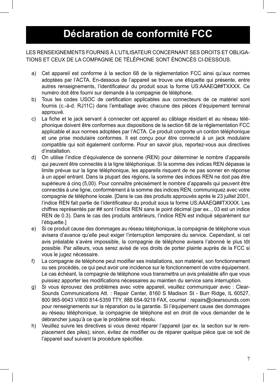 Déclaration de conformité fcc | ClearSounds A50E User Manual | Page 17 / 28