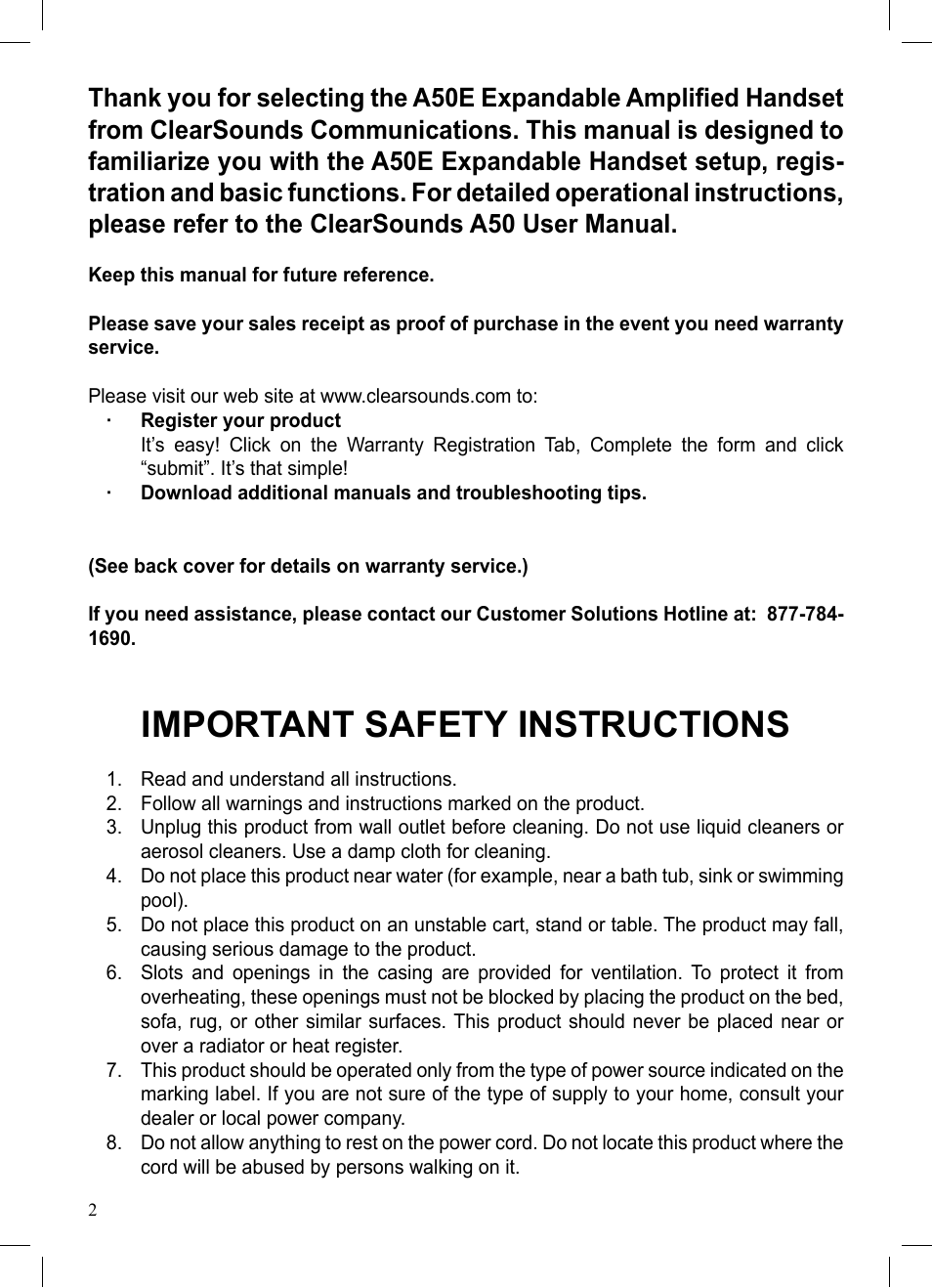 Important safety instructions | ClearSounds A50E User Manual | Page 2 / 28
