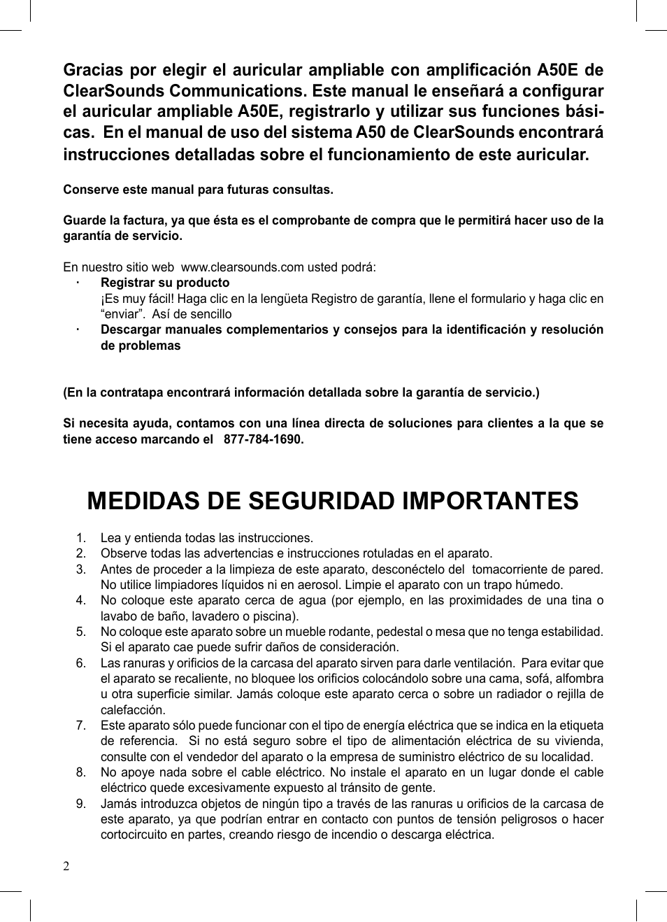 Medidas de seguridad importantes | ClearSounds A50E User Manual | Page 21 / 28