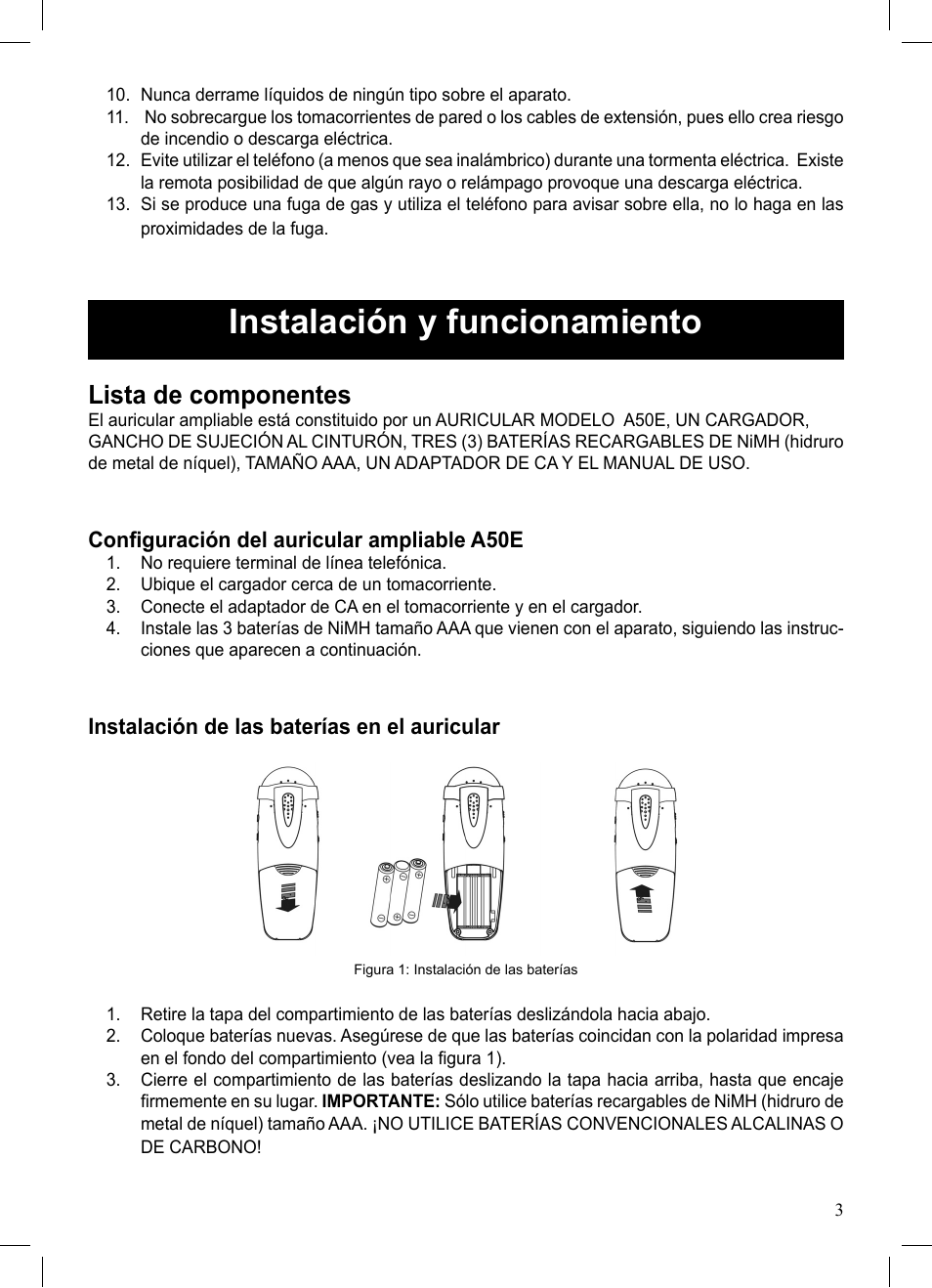 Instalación y funcionamiento, Lista de componentes | ClearSounds A50E User Manual | Page 22 / 28