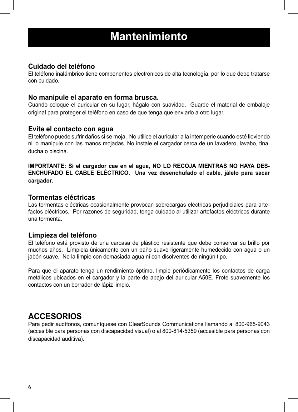 Mantenimiento, Accesorios | ClearSounds A50E User Manual | Page 25 / 28