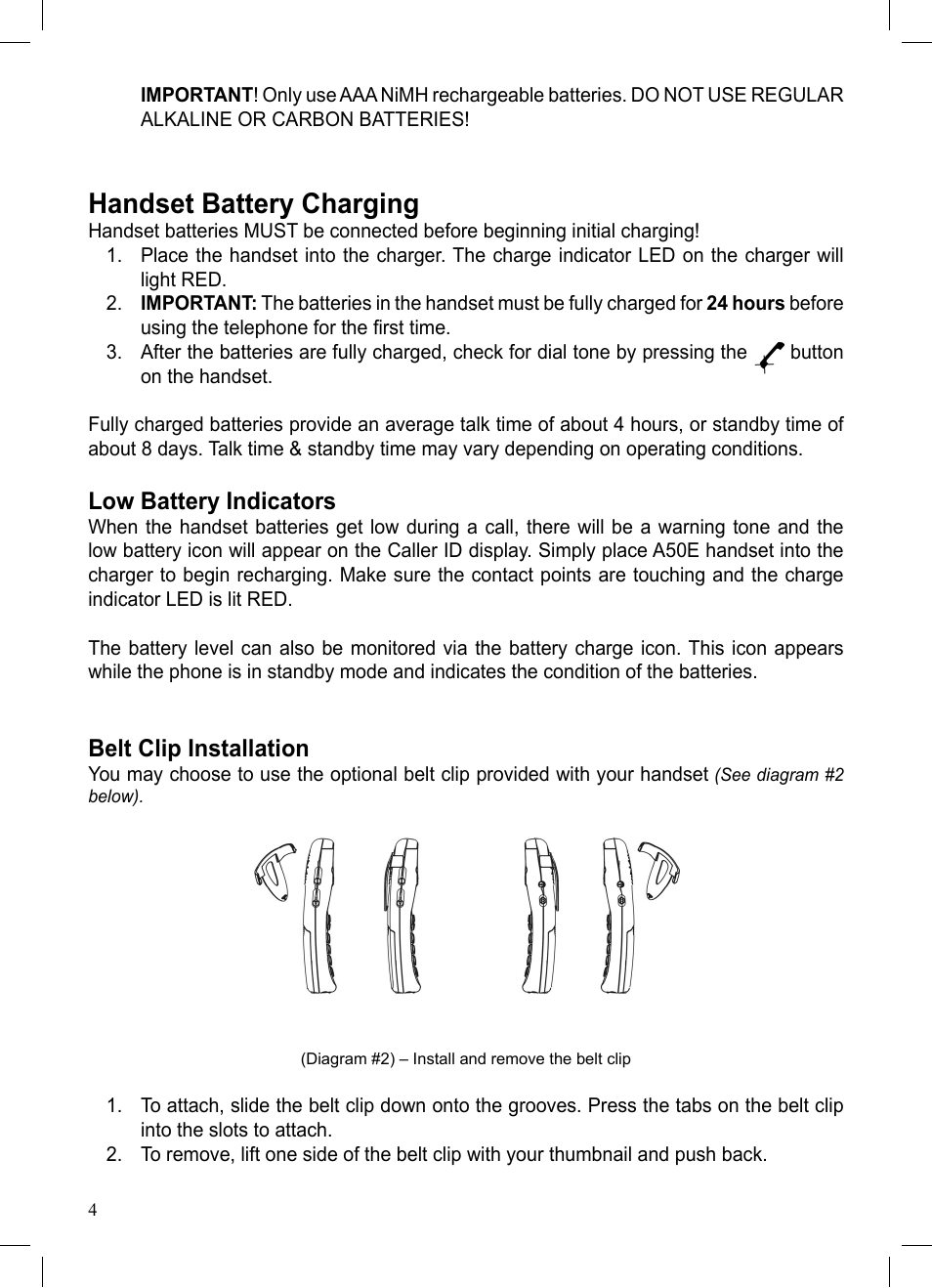 Handset battery charging, Low battery indicators, Belt clip installation | ClearSounds A50E User Manual | Page 4 / 28