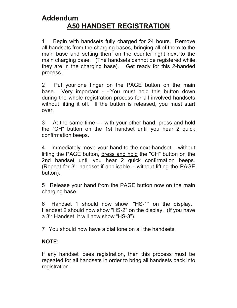 Addendum, Addendum a50 handset registration | ClearSounds A50E User Manual | Page 5 / 28