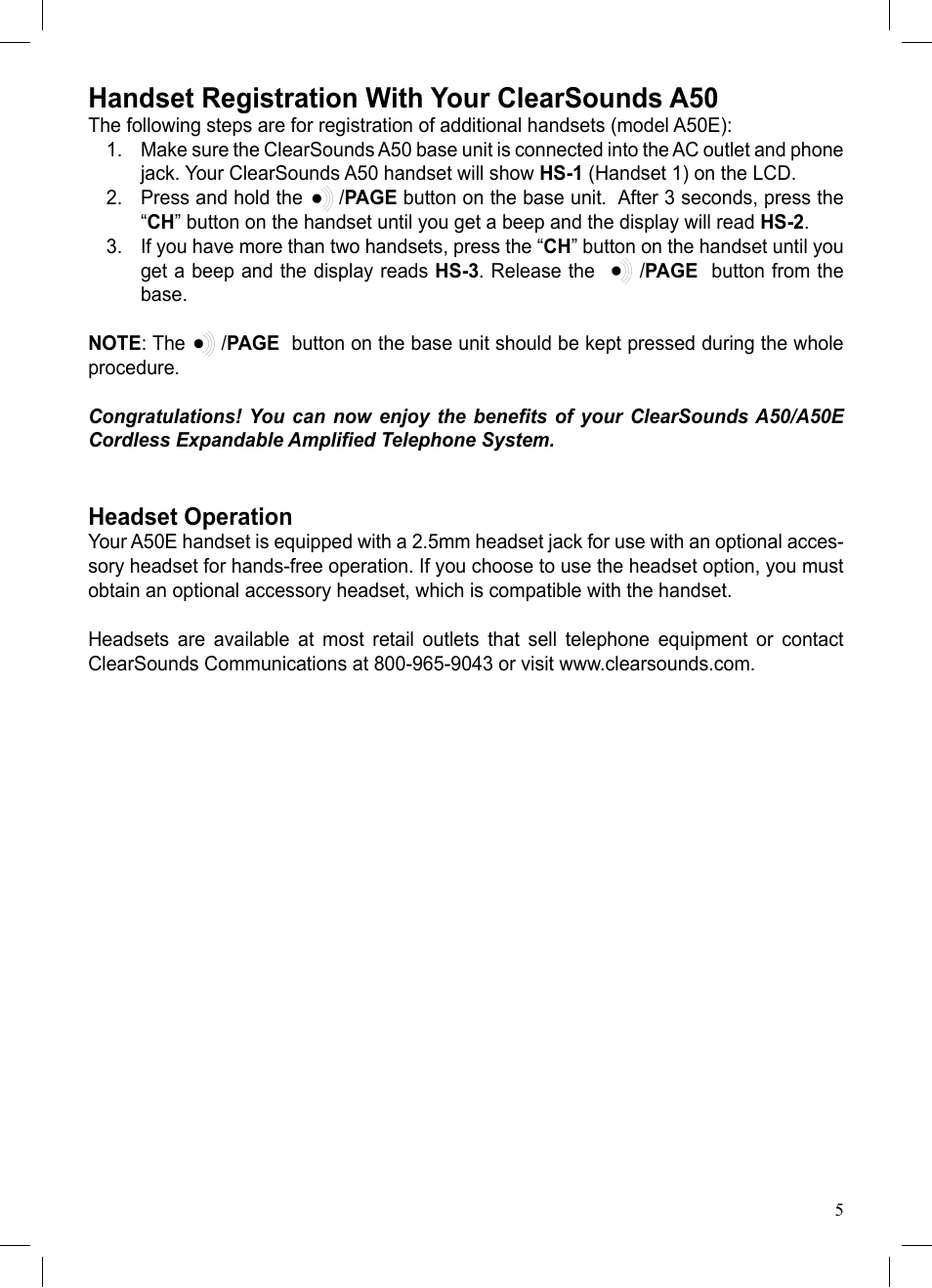 Handset registration with your clearsounds a50, Headset operation | ClearSounds A50E User Manual | Page 6 / 28