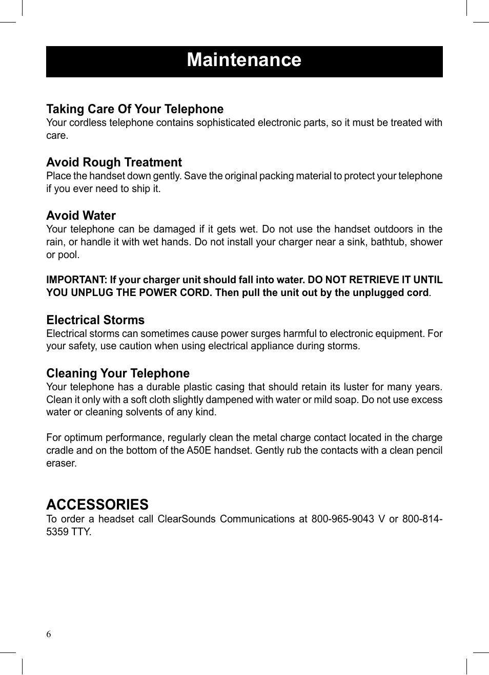 Maintenance, Accessories | ClearSounds A50E User Manual | Page 7 / 28
