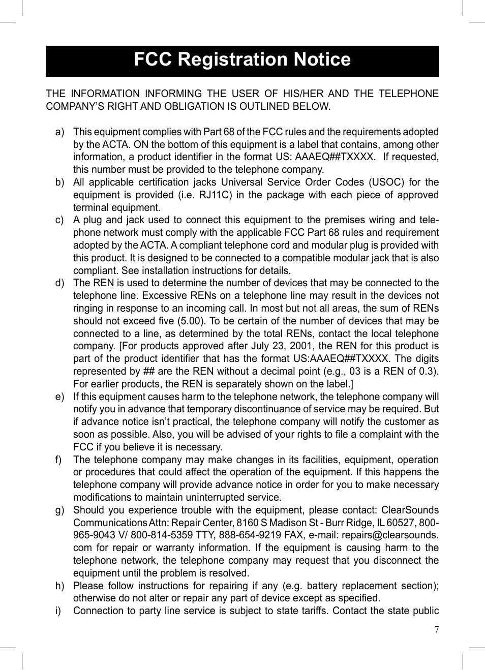 Fcc registration notice | ClearSounds A50E User Manual | Page 8 / 28