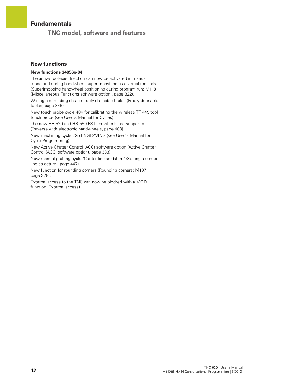 New functions, Fundamentals tnc model, software and features | HEIDENHAIN TNC 620 (34056x-04) User Manual | Page 12 / 570