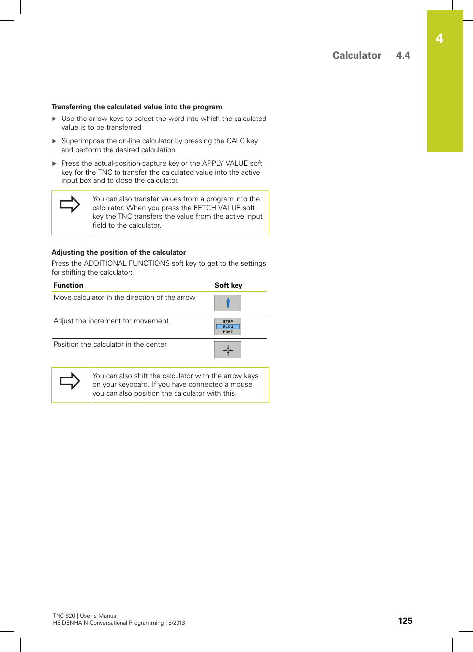 Calculator 4.4 | HEIDENHAIN TNC 620 (34056x-04) User Manual | Page 125 / 570
