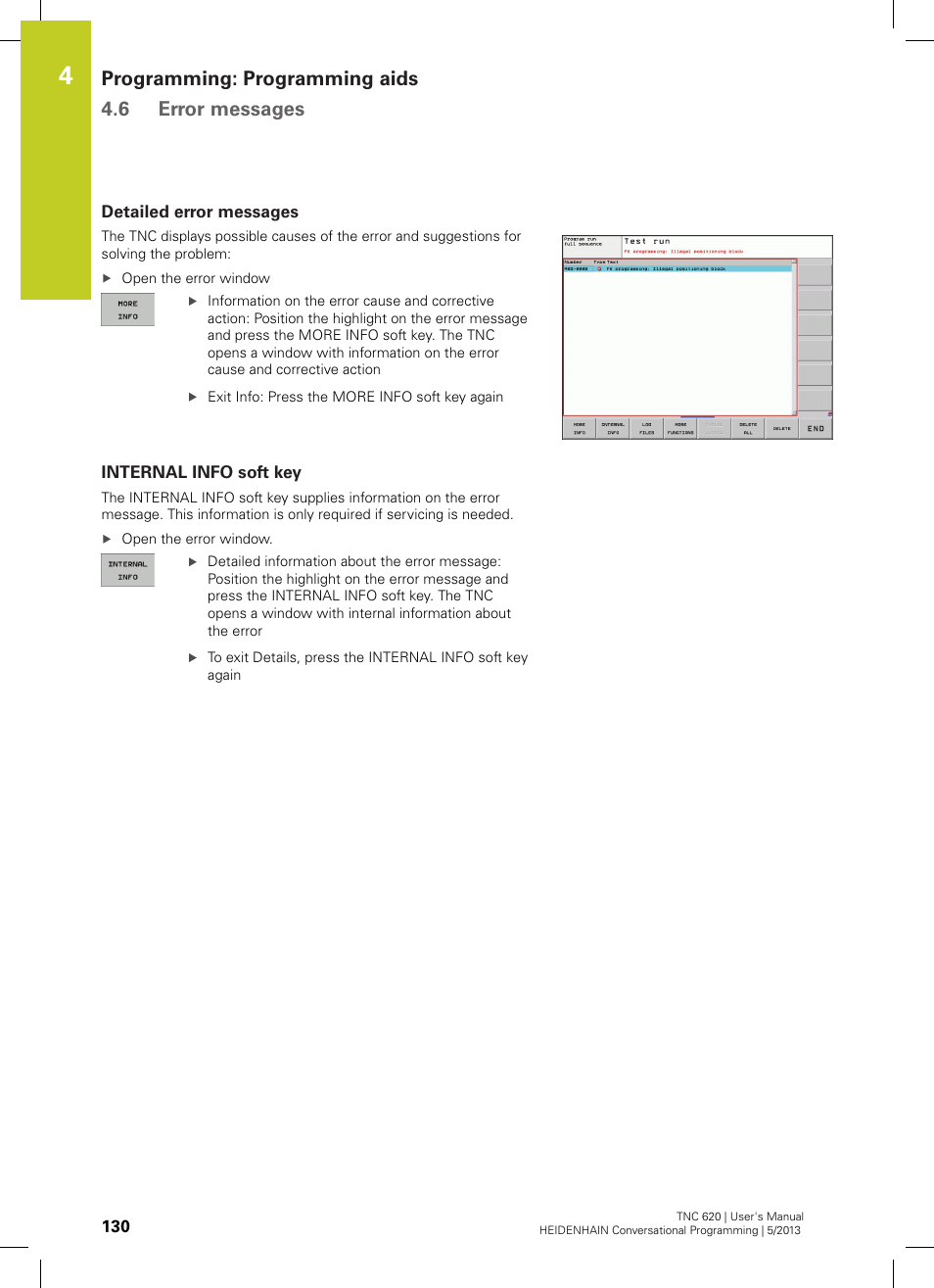 Detailed error messages, Internal info soft key, Programming: programming aids 4.6 error messages | HEIDENHAIN TNC 620 (34056x-04) User Manual | Page 130 / 570