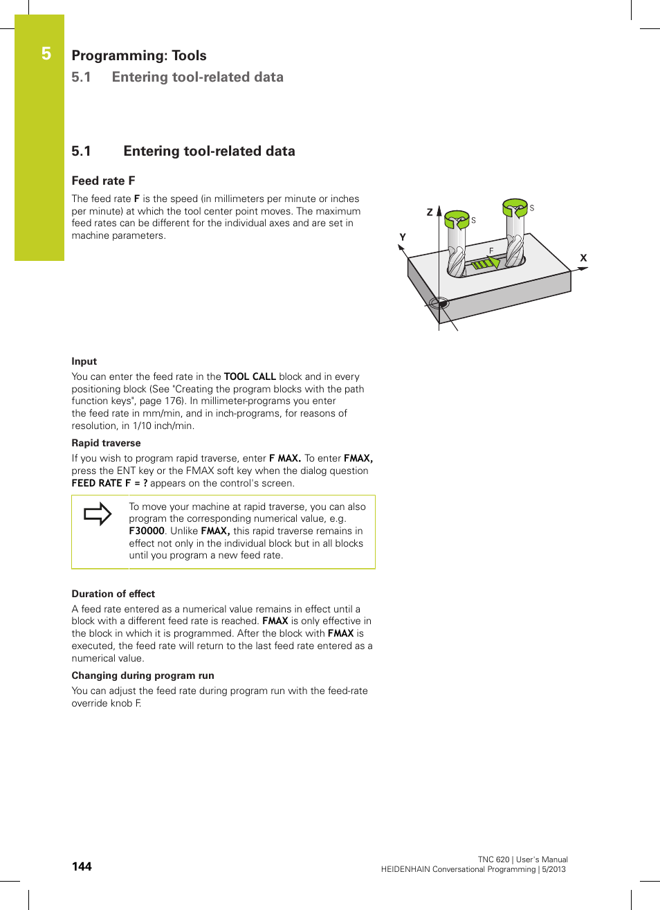 1 entering tool-related data, Feed rate f, Entering tool-related data | Programming: tools 5.1 entering tool-related data | HEIDENHAIN TNC 620 (34056x-04) User Manual | Page 144 / 570