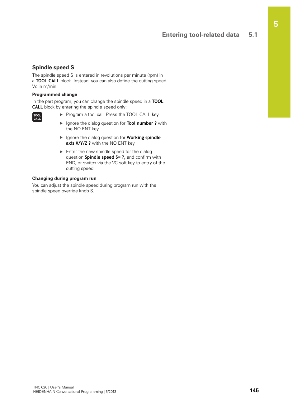 Spindle speed s, Entering tool-related data 5.1 | HEIDENHAIN TNC 620 (34056x-04) User Manual | Page 145 / 570