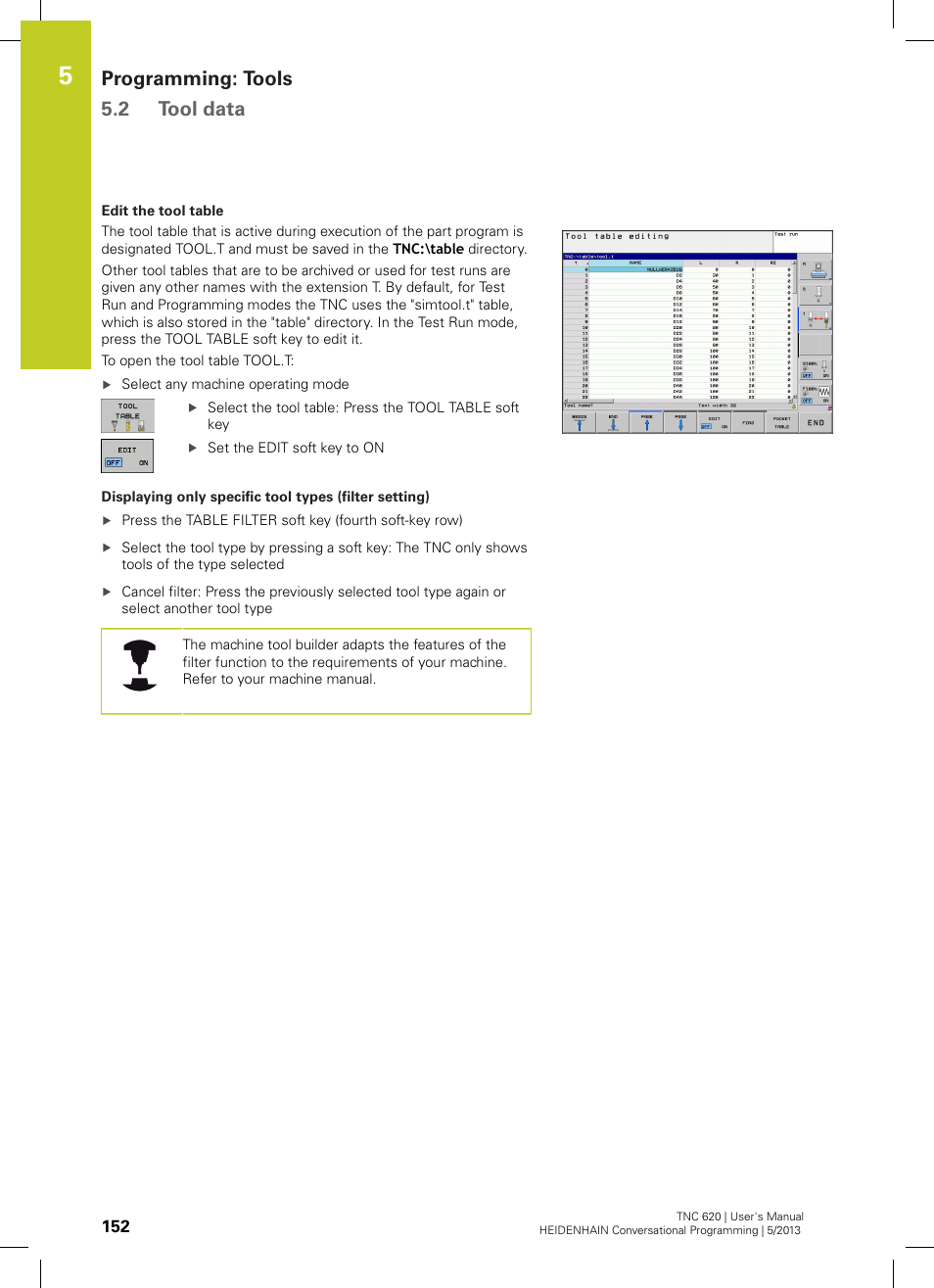 Programming: tools 5.2 tool data | HEIDENHAIN TNC 620 (34056x-04) User Manual | Page 152 / 570