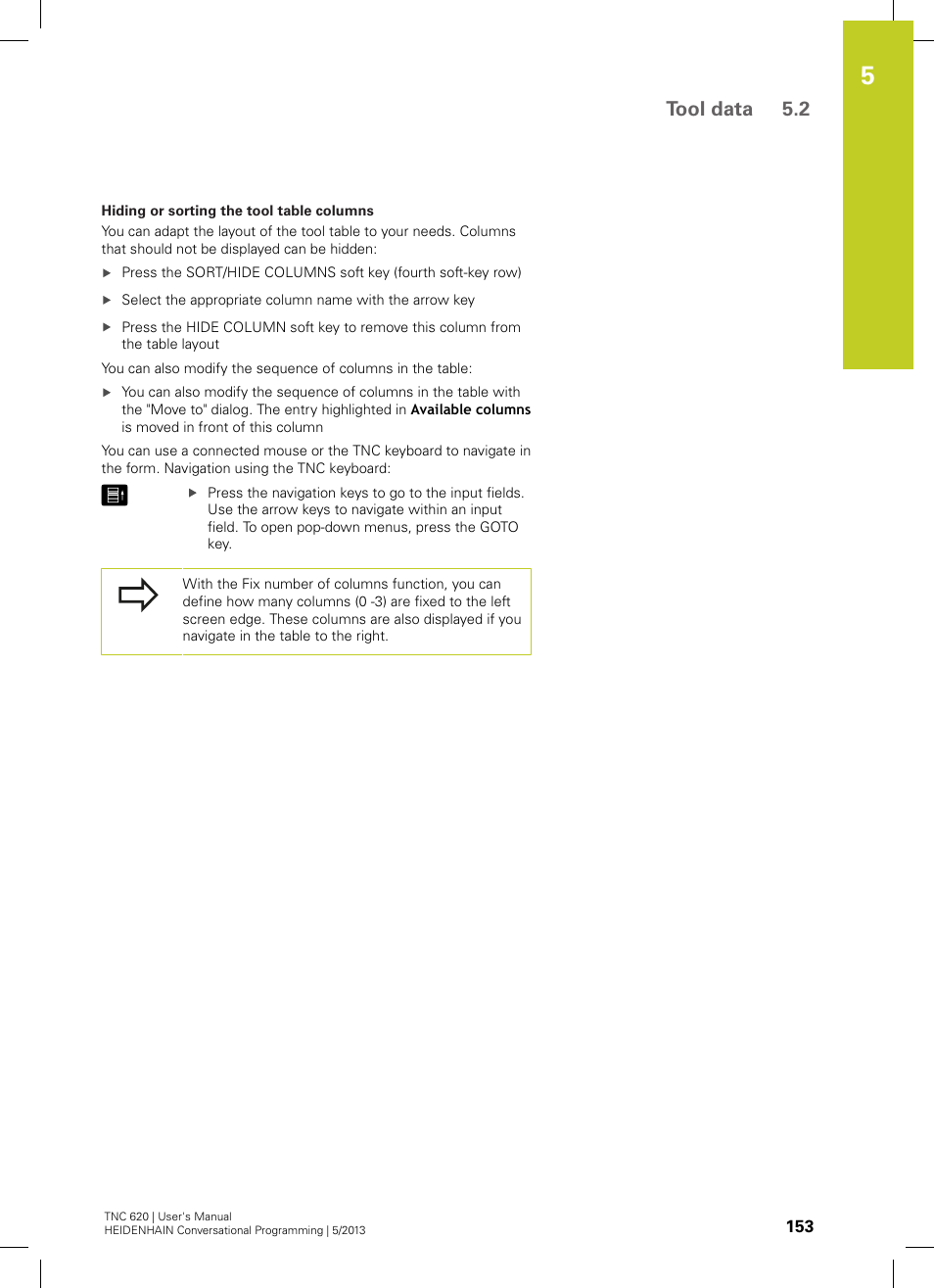 Tool data 5.2 | HEIDENHAIN TNC 620 (34056x-04) User Manual | Page 153 / 570