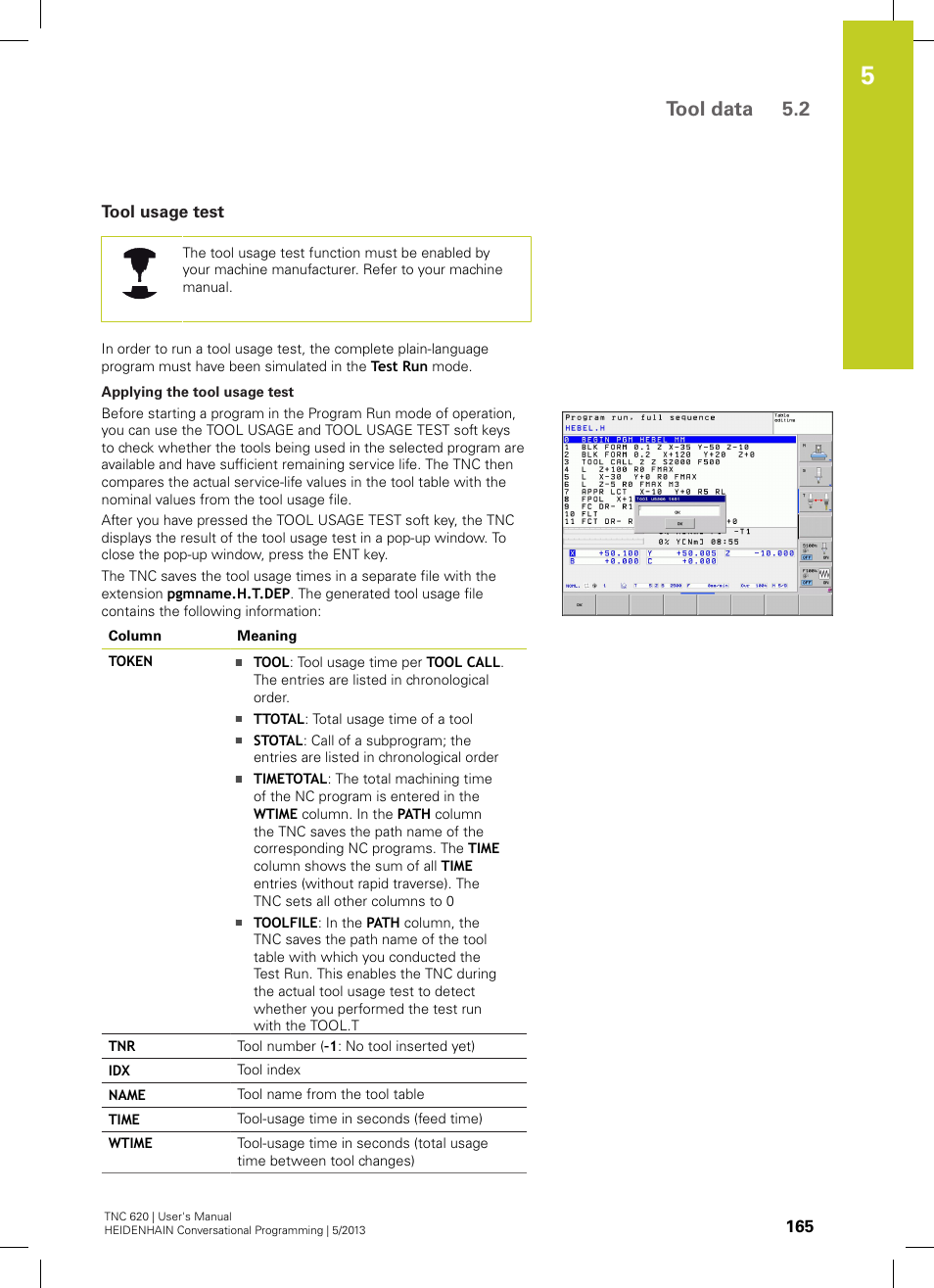 Tool usage test, Tool data 5.2 | HEIDENHAIN TNC 620 (34056x-04) User Manual | Page 165 / 570