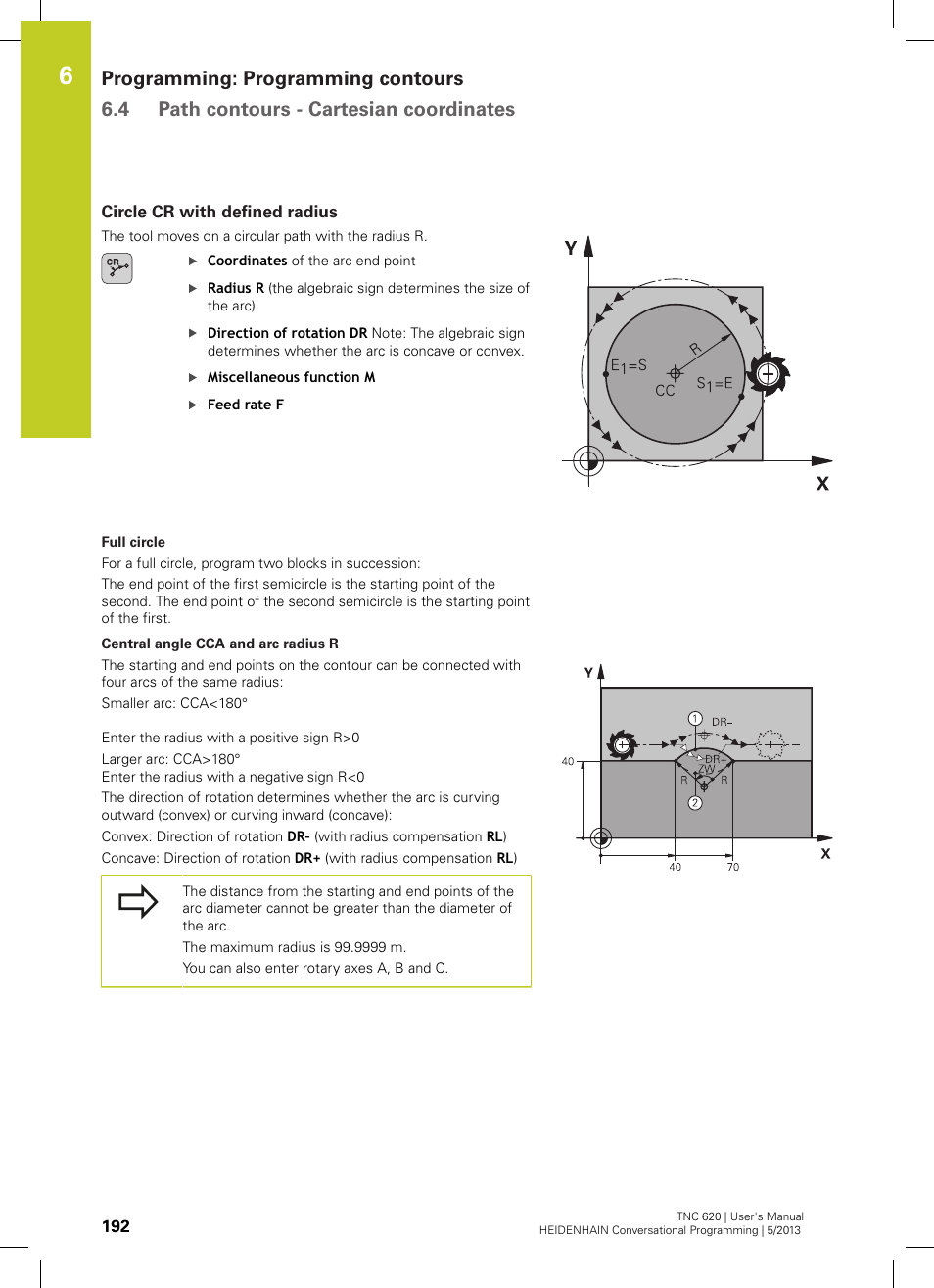 Circle cr with defined radius | HEIDENHAIN TNC 620 (34056x-04) User Manual | Page 192 / 570